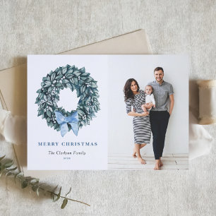 Watercolor White Winterbery Wreath Christmas Photo Holiday Card