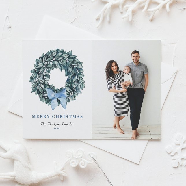 Watercolor White Winterbery Wreath Christmas Photo Holiday Postcard (Creator Uploaded)
