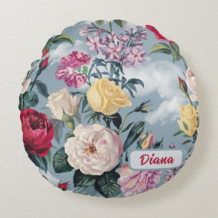 Watercolor White, Yellow And Pink Roses Round Cushion