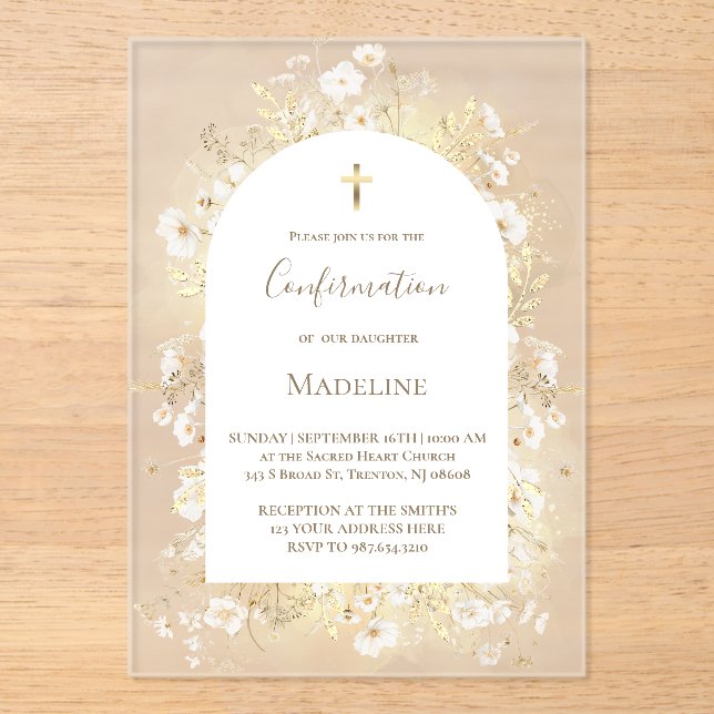 watercolor white yellow flowers Confirmation Acrylic Invitations (Front)