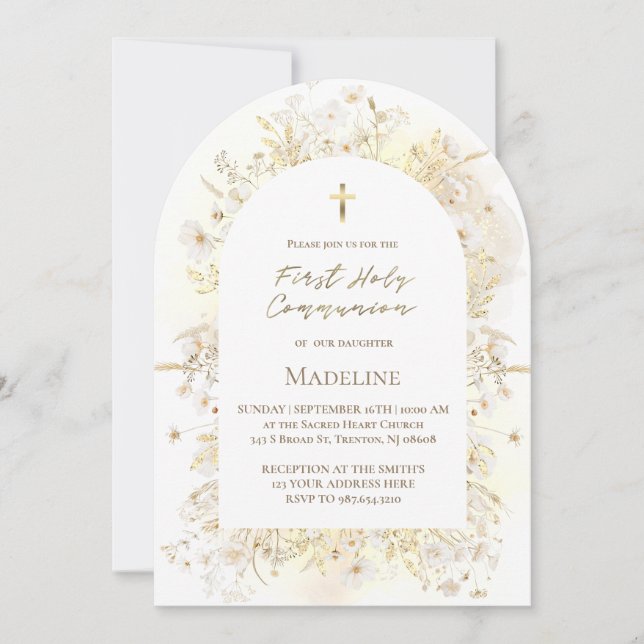 watercolor white yellow flowers First Communion Invitation (Front)