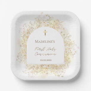 watercolor white yellow flowers First Communion Paper Plate