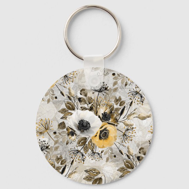 Watercolor white, yellow flowers  key ring (Front)