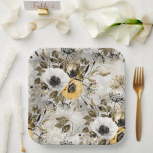 Watercolor white, yellow flowers paper plate