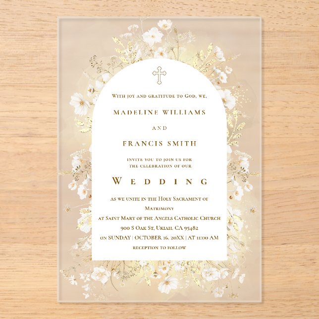watercolor white yellow flowers Wedding Acrylic Invitations (Front)