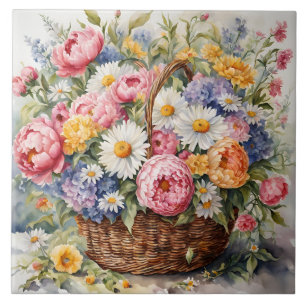 Watercolor Wicker Basket with Summer Flowers  Tile
