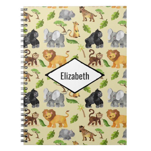 Watercolor Wild Animal Safari Jungle Pattern Notebook (Front)