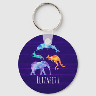 Watercolor Wild Animals On Purple Key Ring