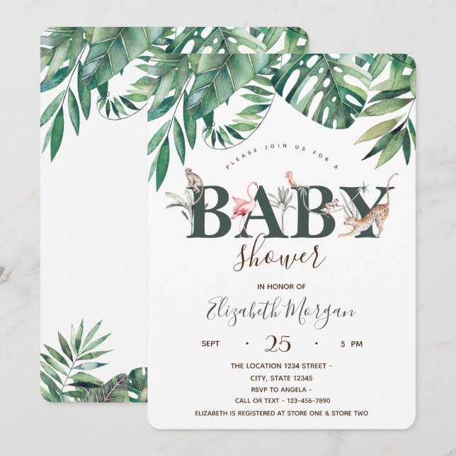Watercolor Wild Animals Palm Leaf Baby Shower  Invitation (Front/Back)