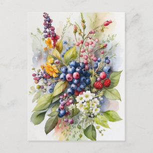 Watercolor Wild Berries and Flowers Nature  Postcard