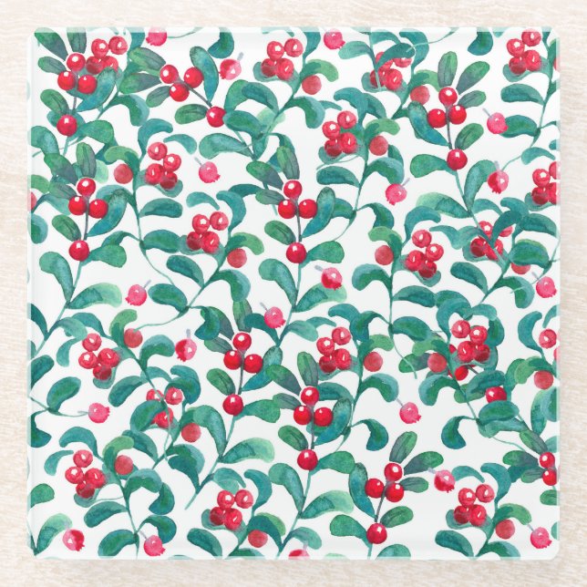Watercolor wild berries, seamless pattern. glass coaster (Front)