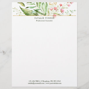 Watercolor Wild Floral Green Foliage Custom Letterhead