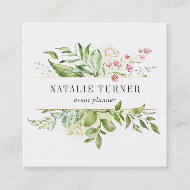 Watercolor Wild Floral Green Foliage Square Business Card (Front)