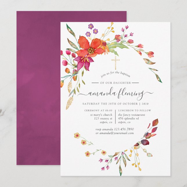 Watercolor Wild Flower Baptism or Christening Invitation (Front/Back)