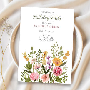 Watercolor wild flower bouquet birthday invitation