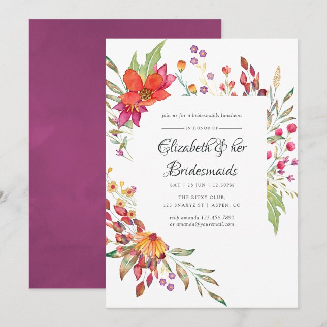 Watercolor Wild Flower Bridesmaids Luncheon Invitation (Front/Back)