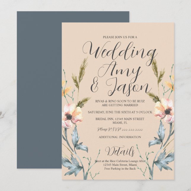Watercolor Wild Flower Cream and Grey Wedding Invitation (Front/Back)