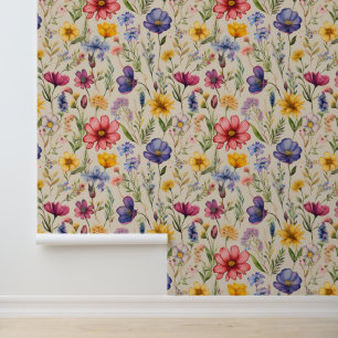 Watercolor Wild Flower Field on Cream Wallpaper