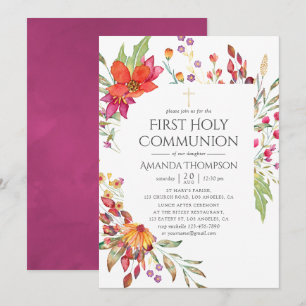 Watercolor Wild Flower First Holy Communion Invitation
