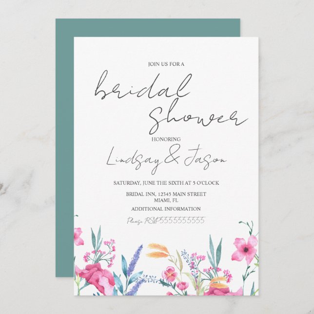 Watercolor Wild Flower Green Script Bridal Shower Invitation (Front/Back)