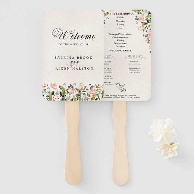 Watercolor Wild Flower Wedding Ceremony Program  Hand Fan (Front and Back)