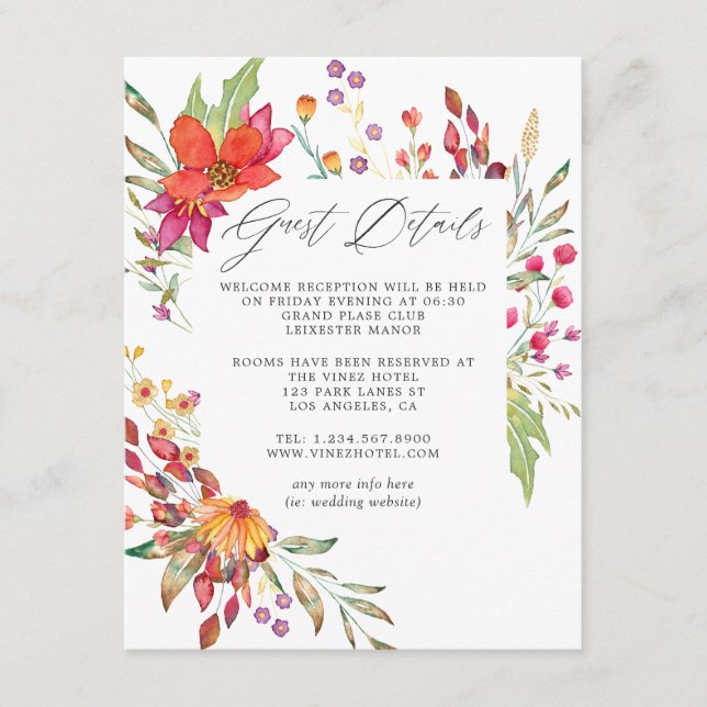 Watercolor Wild Flower Wedding Guest Details Enclosure Card (Front)