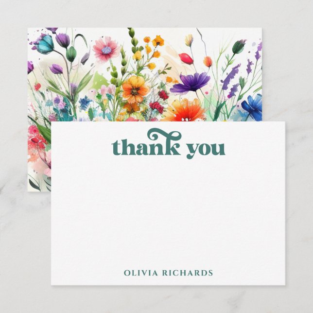 Watercolor Wild Flowers Boho Bridal Shower Thank You Card (Front/Back)