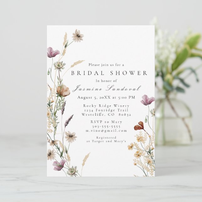 Watercolor Wild Flowers Bridal Shower Invitation (Standing Front)