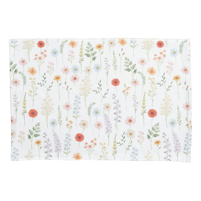 Watercolor Wild Flowers Floral Botanical Pattern Pillowcase (Front)