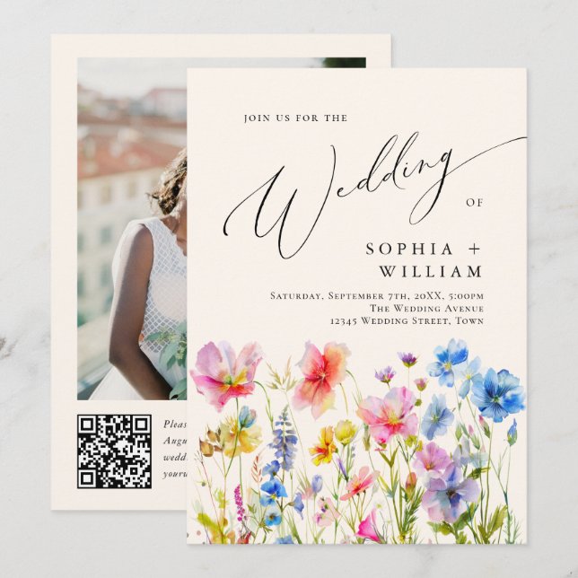Watercolor Wild Flowers Wedding Photo QR code Invitation (Front/Back)