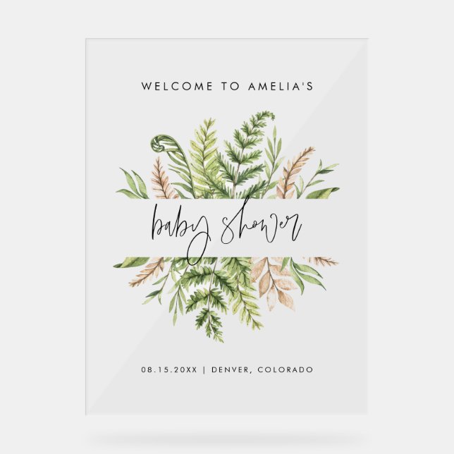 Watercolor Wild Foliage Baby Shower Welcome Acrylic Sign (Front)