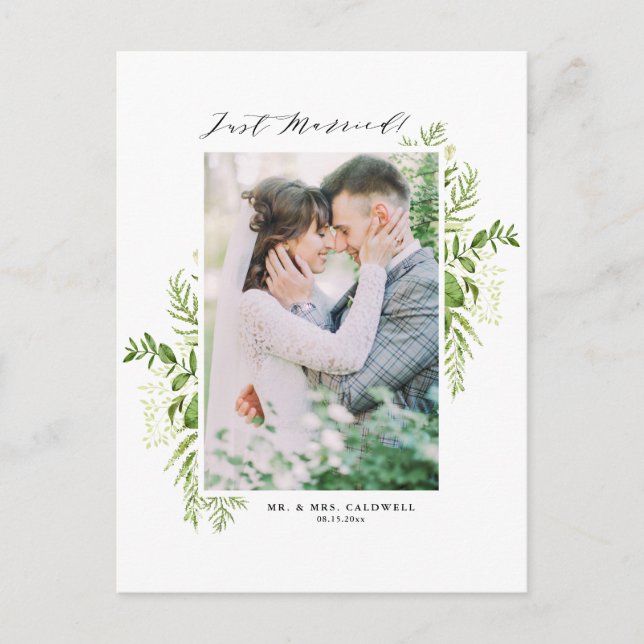 Watercolor Wild Foliage Frame Photo Just Married Announcement Postcard (Front)