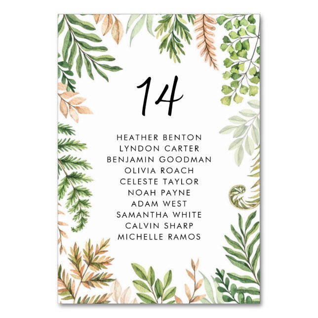 Watercolor Wild Foliage Greenery Wedding Seating Table Number (Front)