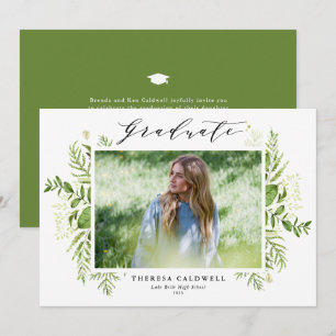 Watercolor Wild Foliage White Photo Graduation Invitation