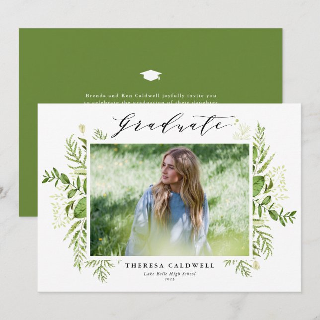 Watercolor Wild Foliage White Photo Graduation Invitation (Front/Back)