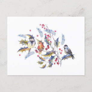 Watercolor Wild Forest Birds and Red Berries Postcard