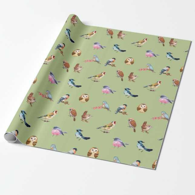 Watercolor Wild Forest Birds Green   Wrapping Paper (Unrolled)