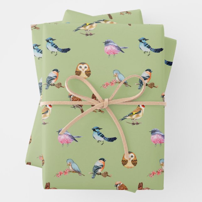 Watercolor Wild Forest Birds Green  Wrapping Paper Sheet (In situ)