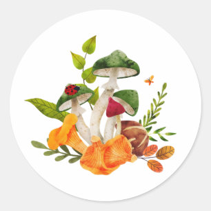 Watercolor Wild Forest Mushroom, Autumn Leaves Classic Round Sticker