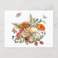 Watercolor Wild Forest Mushrooms, Berries, Acorns