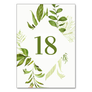 Watercolor Wild Green Foliage Custom Wedding Table Number