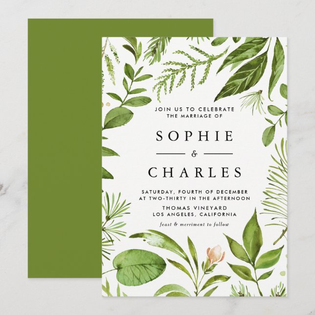 Watercolor Wild Green Foliage Floral Wedding Invitation (Front/Back)
