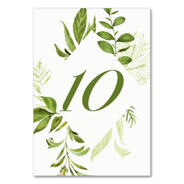 Watercolor Wild Green Foliage Table Number 10 Card (Front)