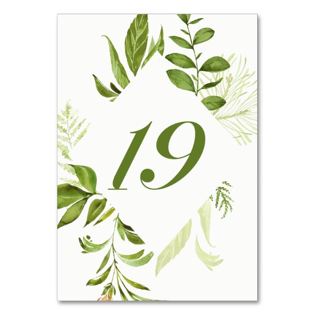 Watercolor Wild Green Foliage Table Number 19 Card (Back)