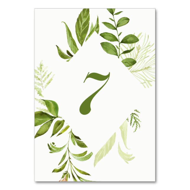 Watercolor Wild Green Foliage Table Number 7 Card (Front)