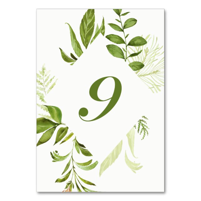 Watercolor Wild Green Foliage Table Number 9 Card (Front)