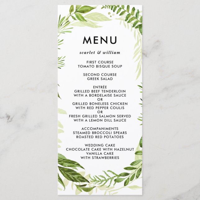 Watercolor Wild Green Foliage Wedding Menu Card (Front)