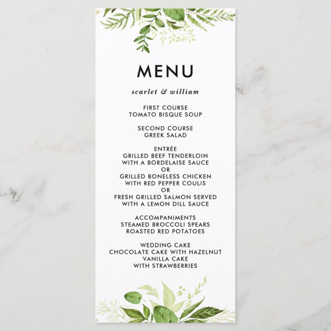 Watercolor Wild Green Foliage Wedding Menu Card II (Front)