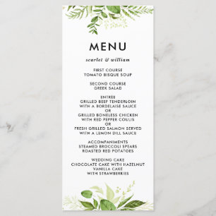 Watercolor Wild Green Foliage Wedding Menu Card II
