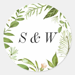 Watercolor Wild Green Foliage Wedding Monogram Classic Round Sticker